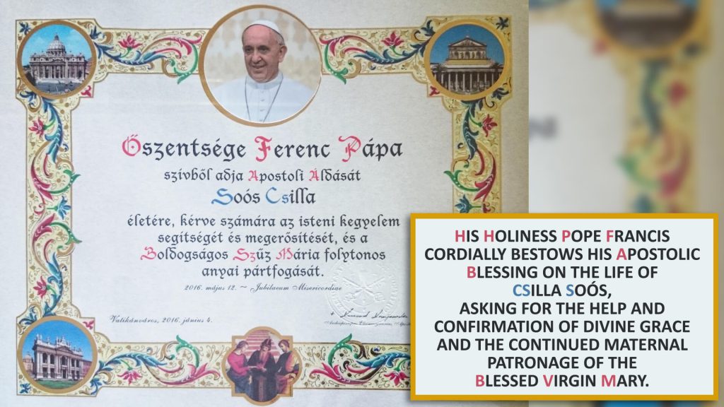 Apostolic Blessing from Pope Francis to Csilla Soós - Church Stained Glass Artist Florida